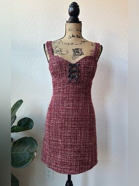 Blu Pepper Wine Red Tweed Mini Dress with Corset Lace Detail